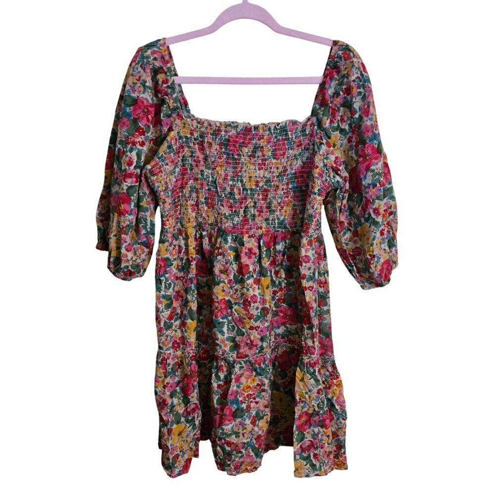 Kings Road Floral Square Neck Puff Sleeve Bohemian Cotton Dress Size XL